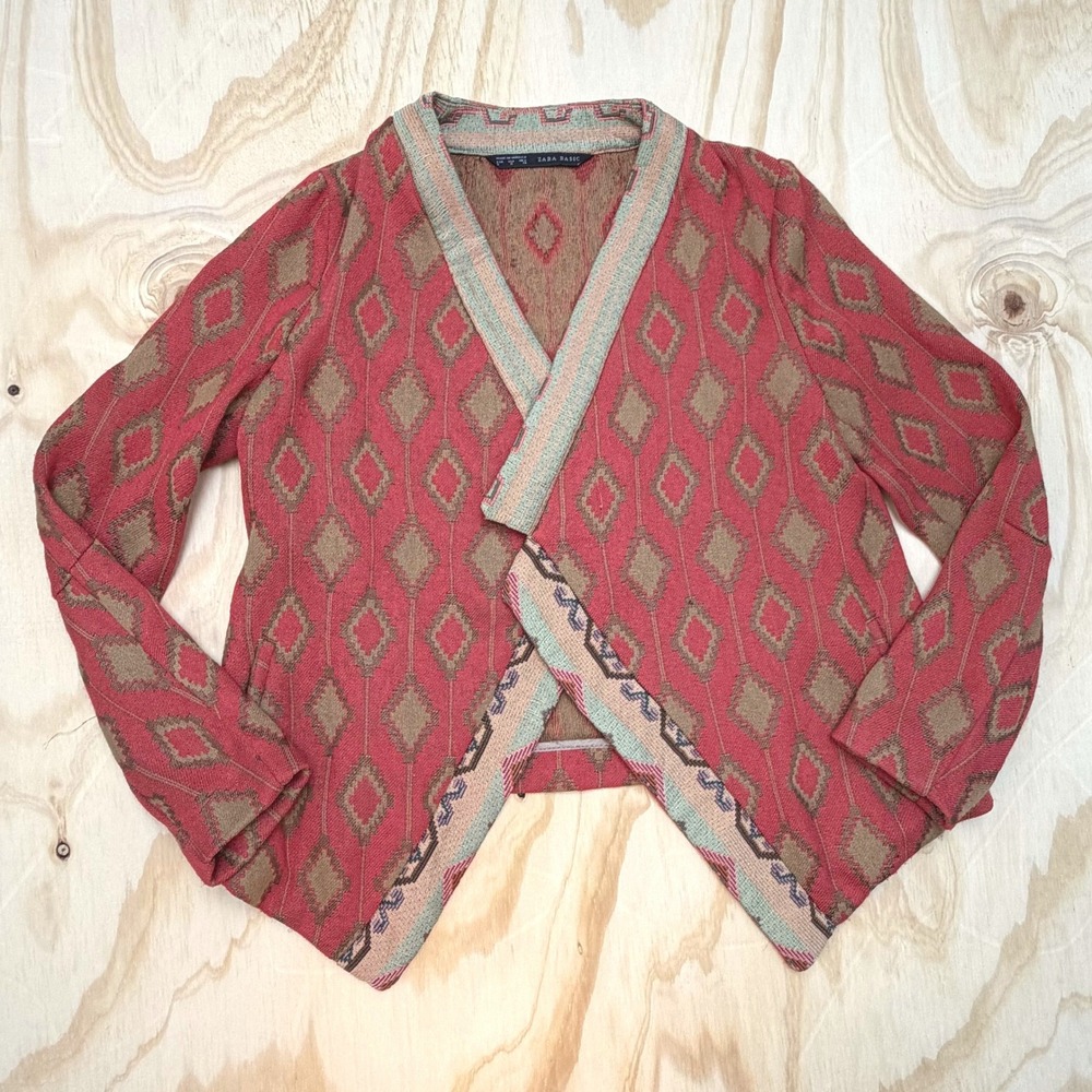 Zara Basic Red Geometric Diamond Jacquard Open Front Draped Cardigan Jacket S